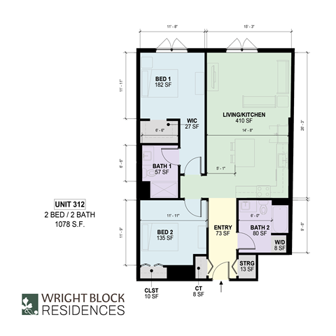 Floor plan for 2 beds, 2 baths, 1078 sqft